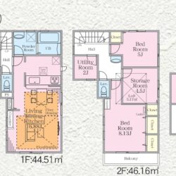 2階の階段ホールには、ユーティリティスペースとセカンド洗面があり、家事がしやすいスペースになっております。書斎やテレワークスペース、家事室や収納庫として使用できます。使い方は住まう人の個性ですね。間取